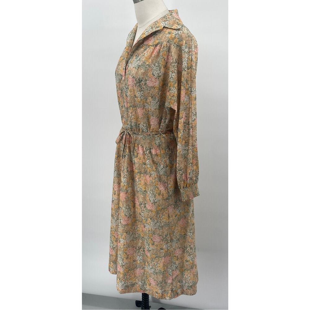 Vintage 70s Floral Print Shirtdress Long Sleeve Tie Waist Blouson Midi Dress M - Picture 6 of 11